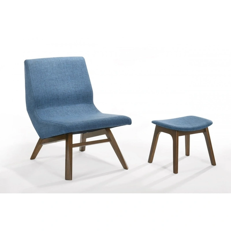 Modrest Whitney Modern Blue & Walnut Accent Chair & Ottoman