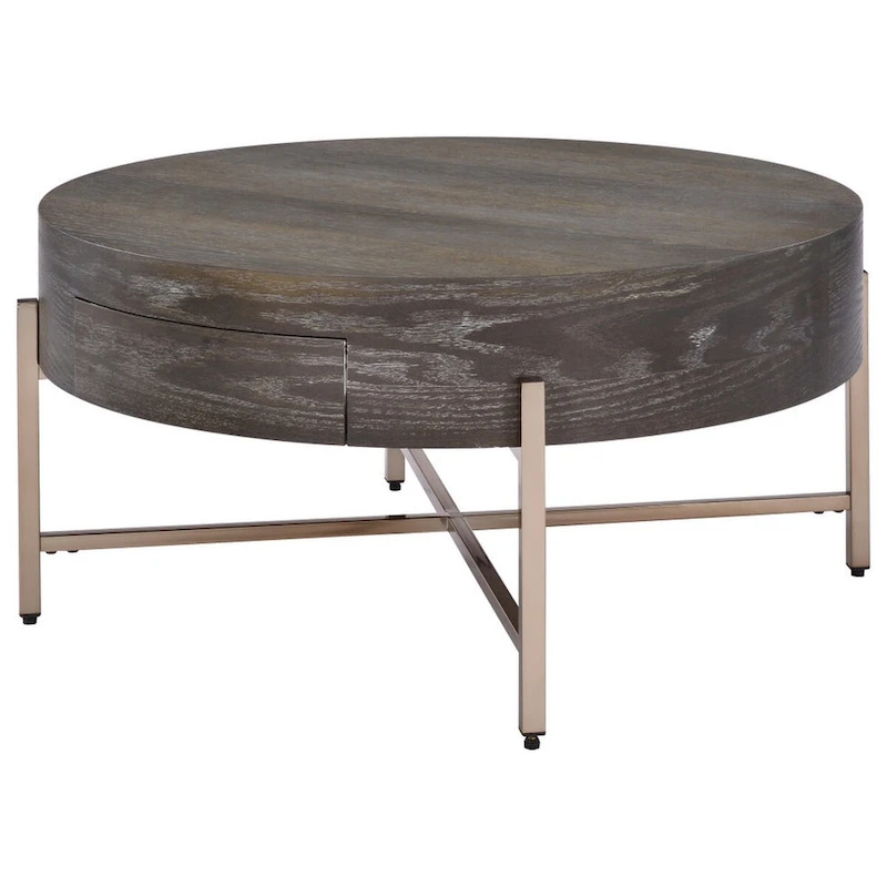 1 Drawer Round Modern Coffee Table with Crossed Metal Legs, Brown and Gold - 16 H x 32 W x 32 L Inches