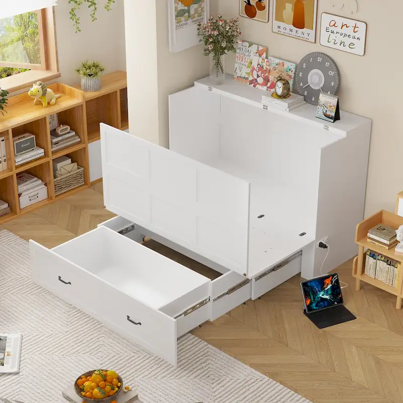 Modern Wood Full Murphy Bed Chest in White Finish Dresser 2-1 Cabinet