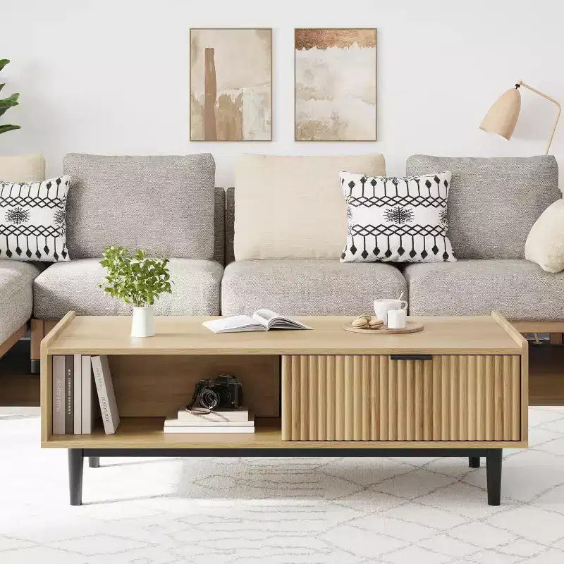 Beige Fluted Rectangle Coffee Table with 2 Drawers and Open Shelves, 4-Leg Design