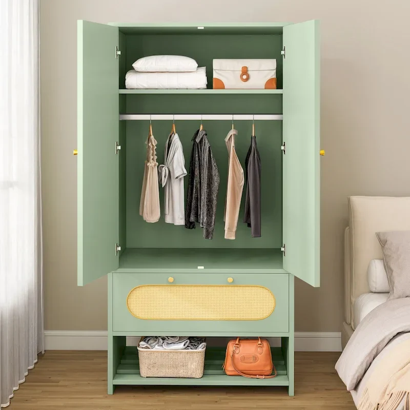 Moasis 70   Rattan Armoire Bedroom Wardrobe with Drawer & Hanging Rod