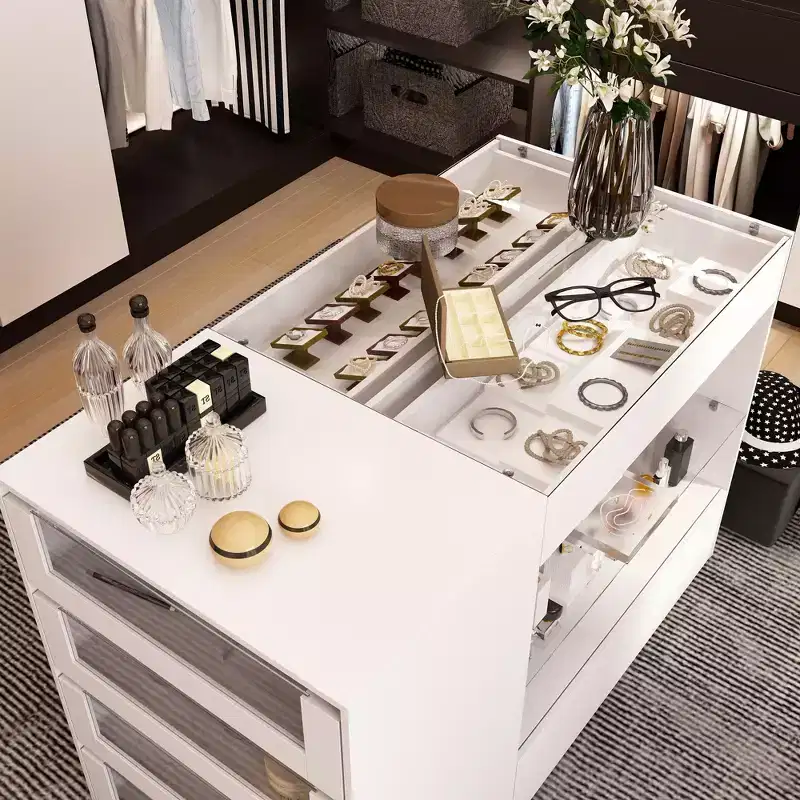 Famapy Glass-Top Closet Organizer White Dressing Island Ample Storage Dresser Display Storage Cabinet Closet Vanity Island Storage Beauty Organizer