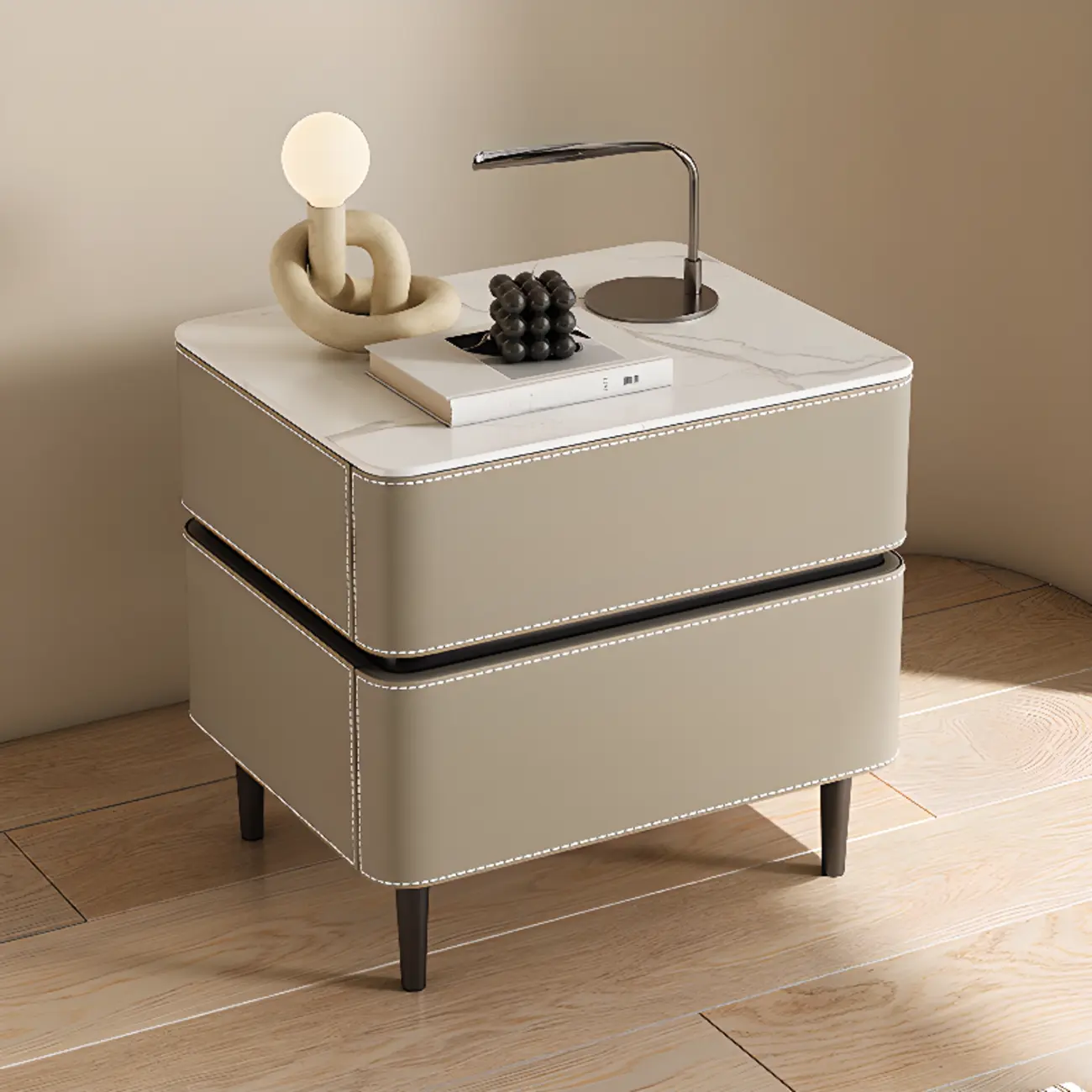 Modern Faux Marble Top Leather Rounded 2-Drawer Nightstand