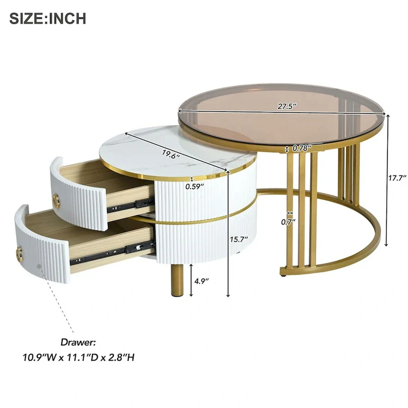 Stackable Coffee Table,Nesting Tables with Brown Tempered Glass,2 PCS
