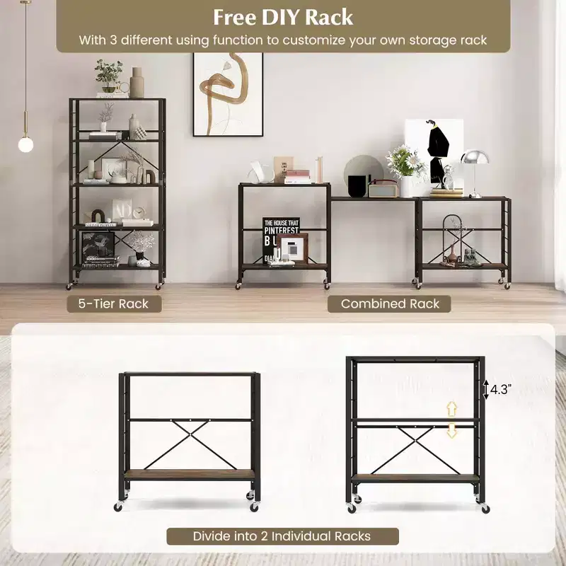 Costway 5-Tier Folding Shelf Free DIY Design Shelving Unit with 4 Universal Wheels Kitchen Black/Natural