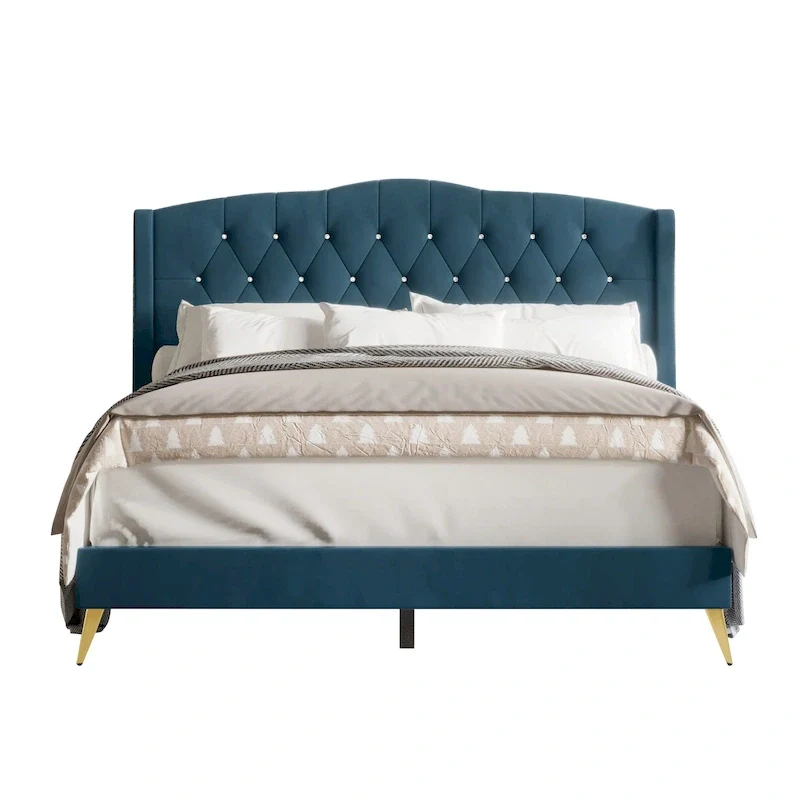 CraftPorch Velvet Diamond Button Tufted Upholstered Platform Bed