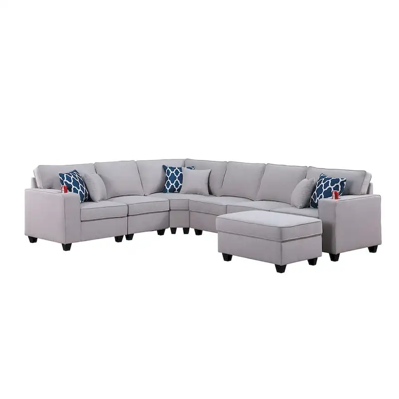 7 Piece Upholstered Reversible L-Shape Sectional Sofa in Light Gray
