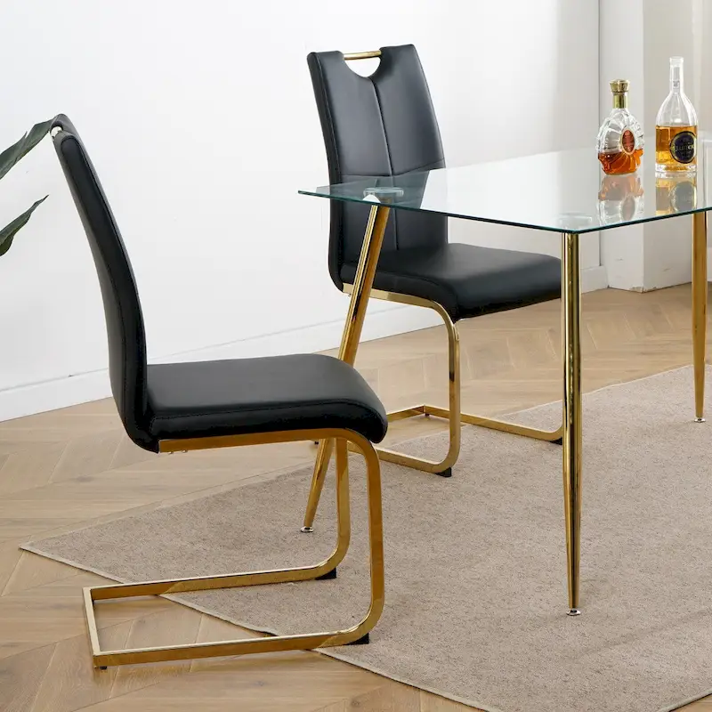 Modern Faux Leather Padded Seat Dining Chairs with gold Metal Legs,Set of 2