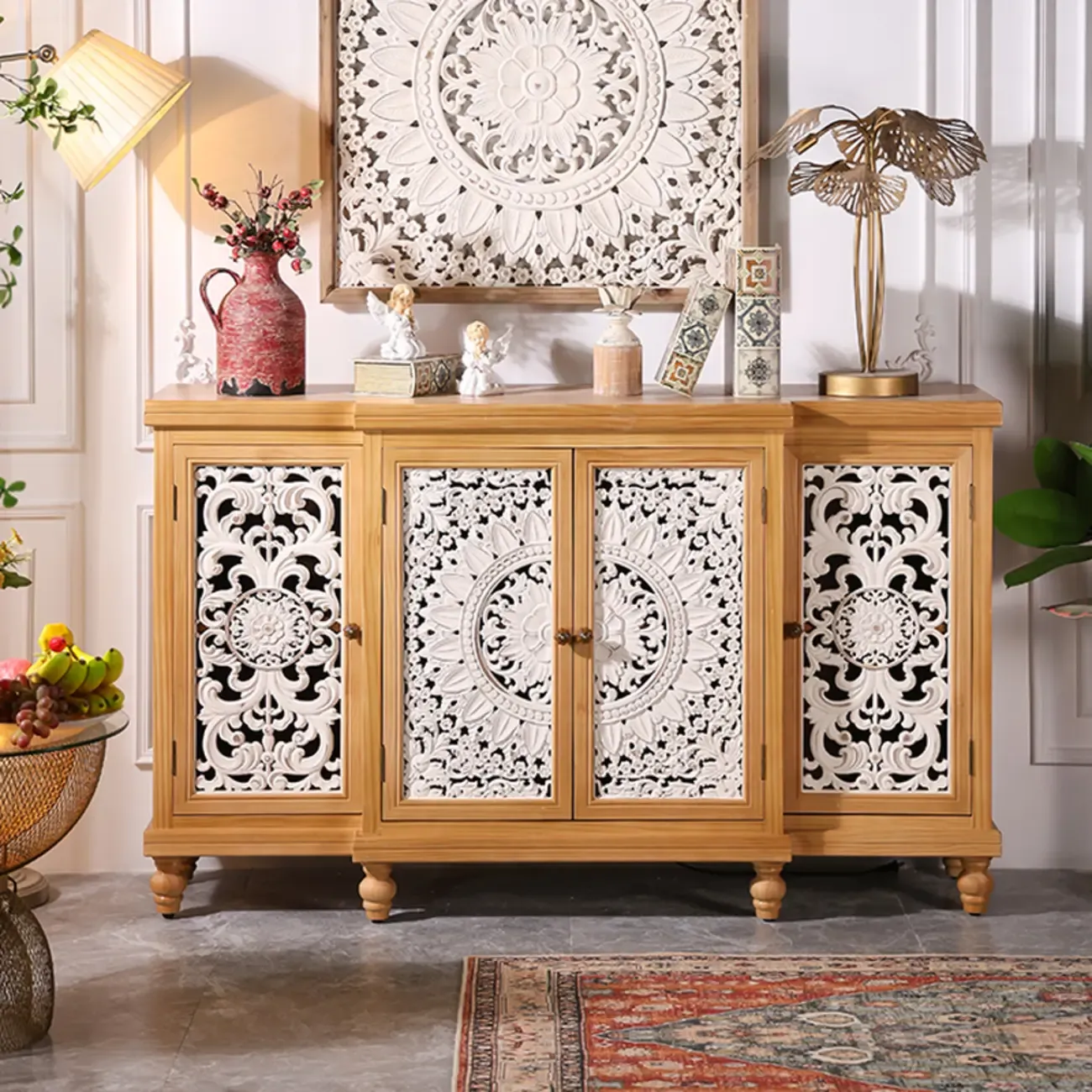 French Country Cabinet for Living Room with carved Doors