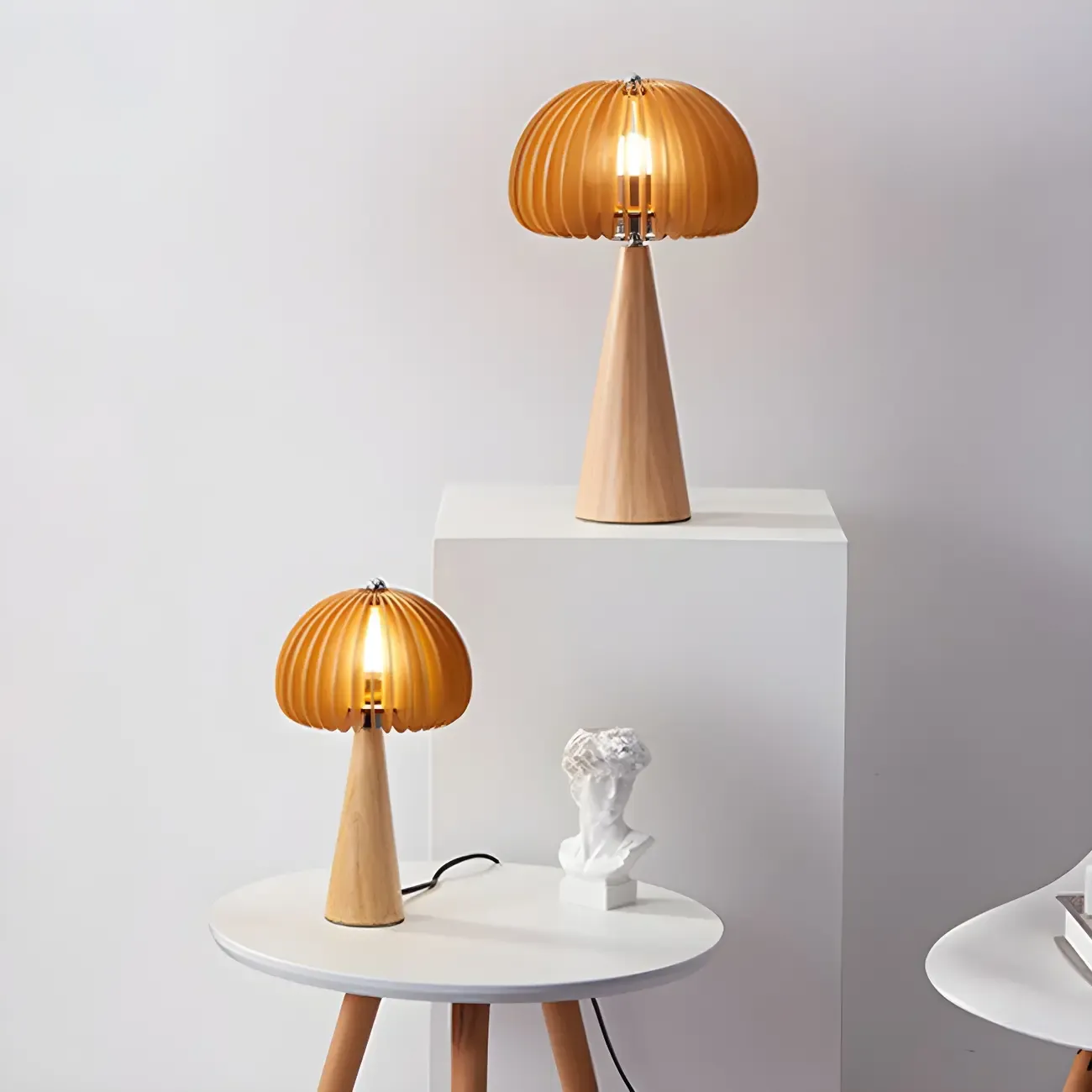 Art Deco Yellow Wooden Mushroom-Shaped LED Table Lamp