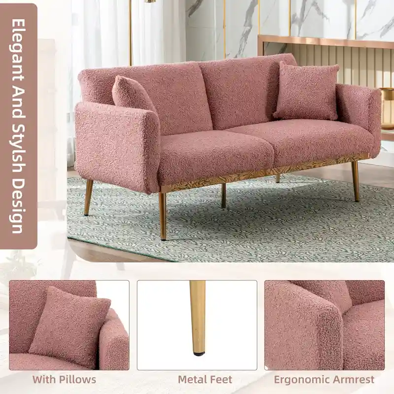 Teddy Fabric Upholstered Tufted Loveseats Sleeper Sofa With Rose Golden Legs