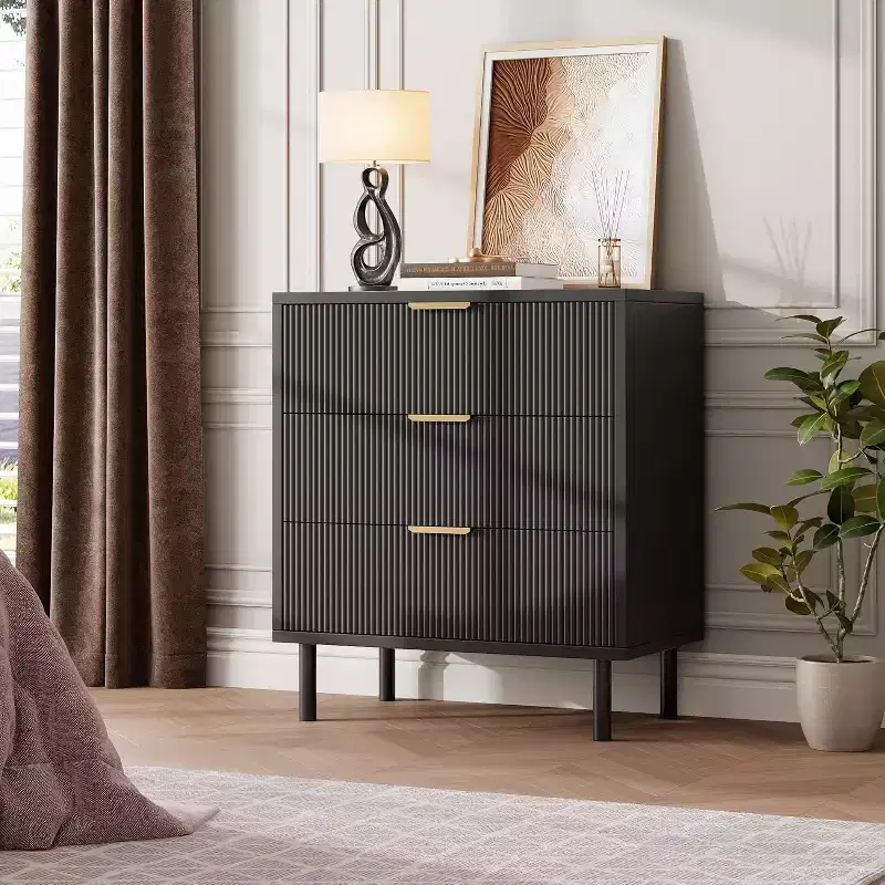 Black 3-Drawer Dresser, Wavy Fluted Panel, Modern Style