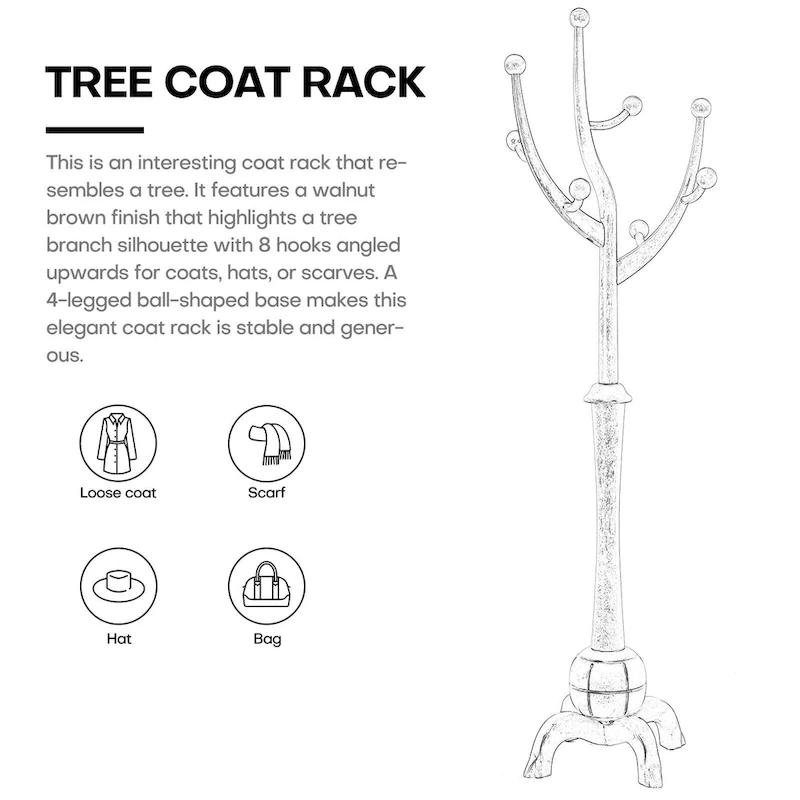 Tree-branch Rubberwood Freestanding Coat Rack with 8 Hooks - 24.5W x 70.87H