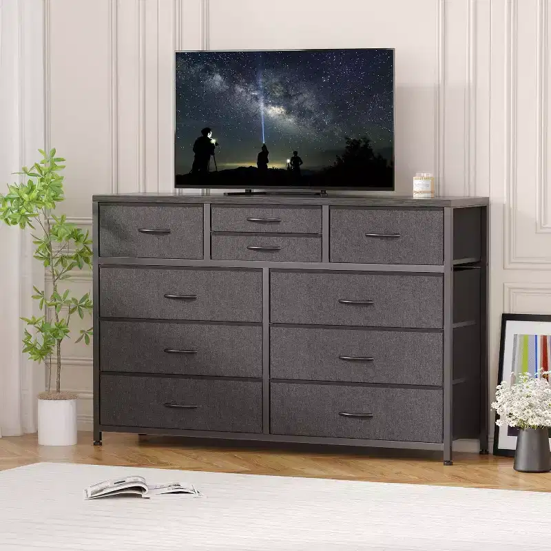 10-Drawer Fabric Dresser, Wood Top & Steel Frame — Black / Brown / Pink / White