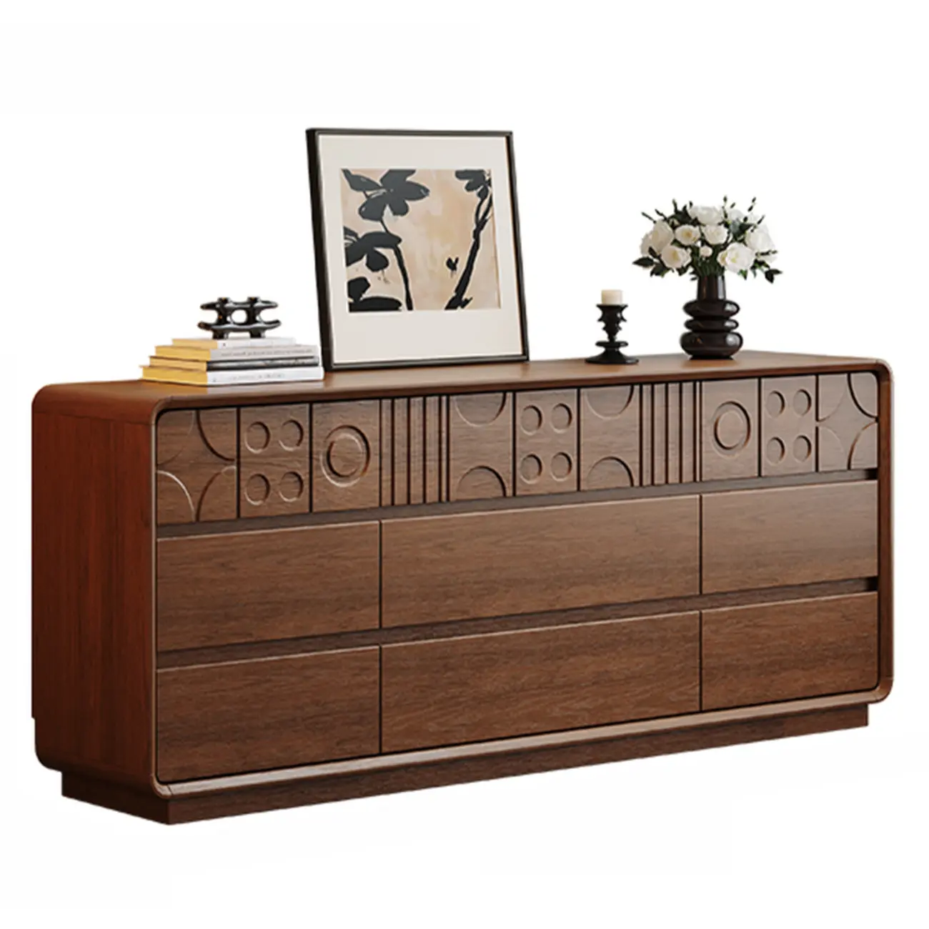 Art Deco Inspired Wood Dresser with Geometric Carvings