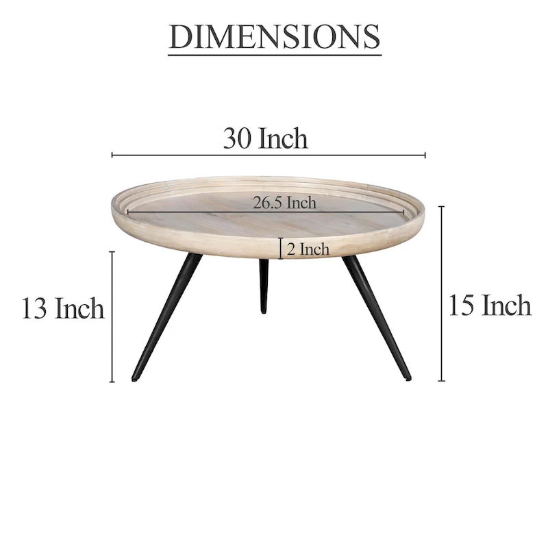 Urban Chic Coffee Table 30 Inch Round Tray Top, Handcrafted Washed White Mango Wood