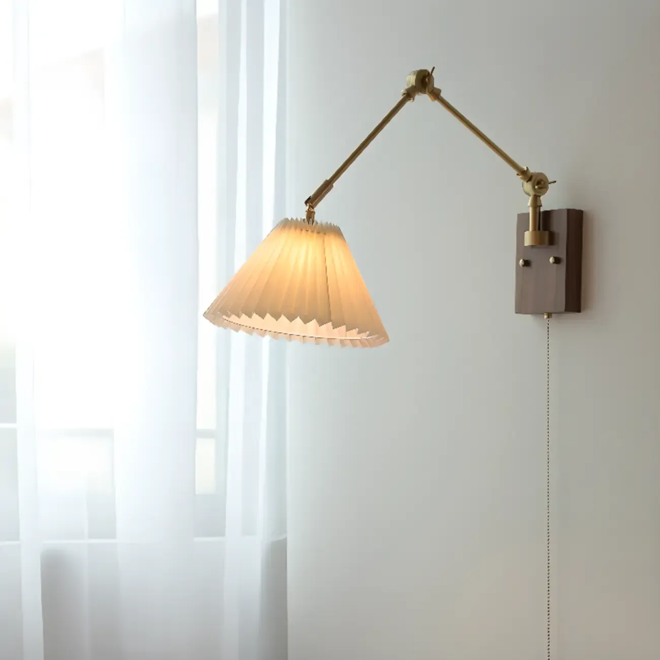Vintage Swing Arm Wall Light with Pleated Fabric Shade