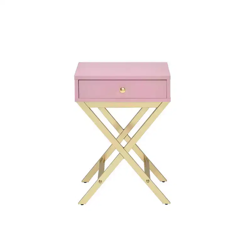 Metal Side Table with Crossed Base, Pink and Gold