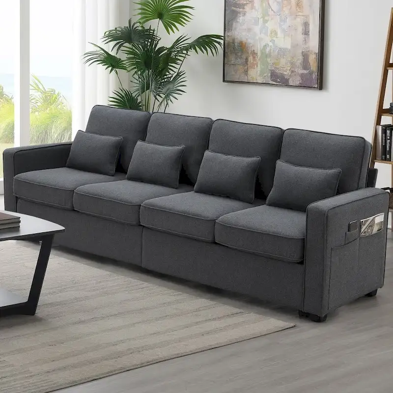 104  4-Seater Modern Linen Fabric Sofa with Armrest Pockets and 4 Pillows