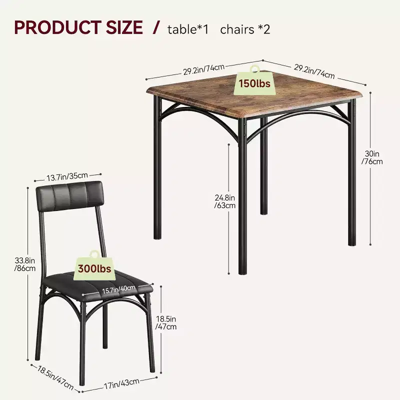 Modern Rustic Square Dining Set, 29.2' L x W 30.1' H Table, 33.7' 18.4' 17' Chairs, 2 Person, Metal & MDF, Easy Assembly, Space-Saving