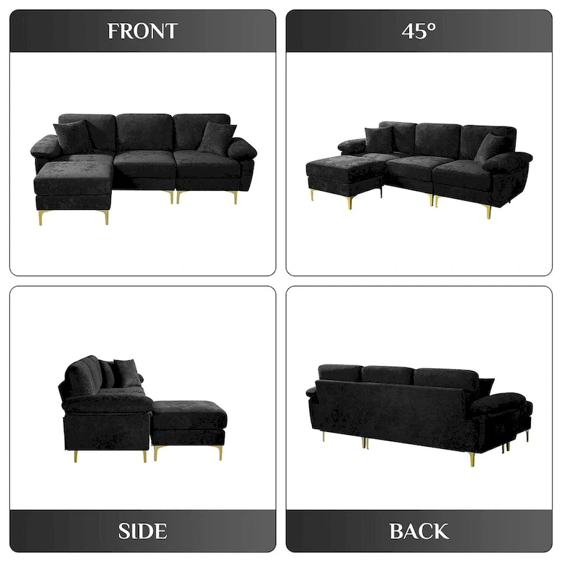 Ouyessir 2-Pieces Upholstered Velvet Sectional Sofa with 2 Pillows & Ottoman