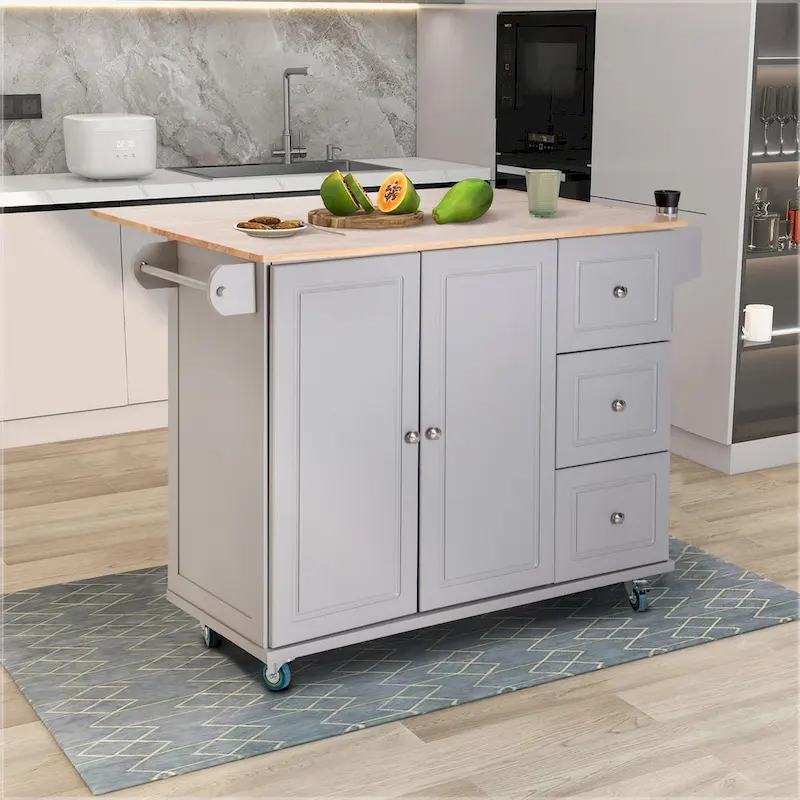 Kitchen Island Cart with Drop-Leaf and Rubber Wood Top, Rolling Kitchen Trolley Cart Cabinet