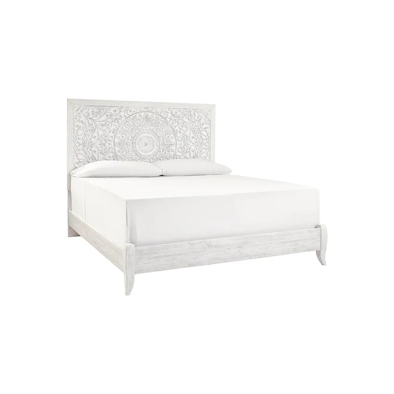 Boho-Chic Whitewash King Panel Bed with Carved Medallion Headboard