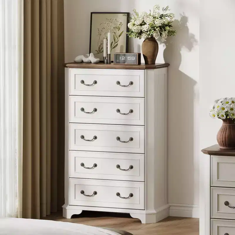 5-Drawer Dresser, Vintage Farmhouse Style, Antique White / Dark Brown / Dark Rustic Oak / Distressed White / Light Rustic Oak, 1-Person