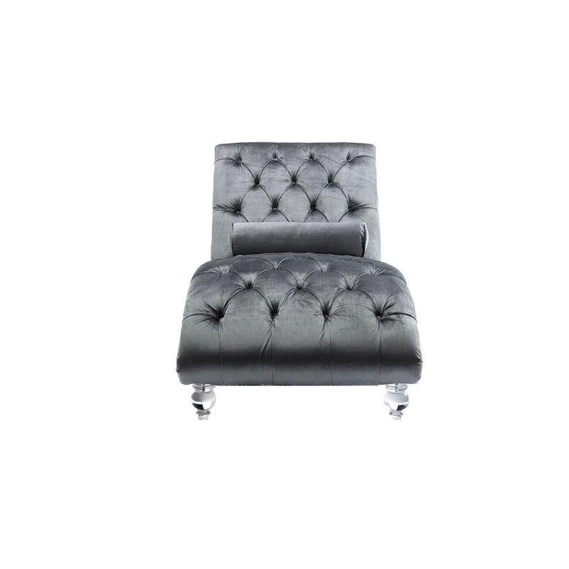 Button-Tufted Upholstered Velvet Recliner Chaise with Pillow and Acrylic Feet