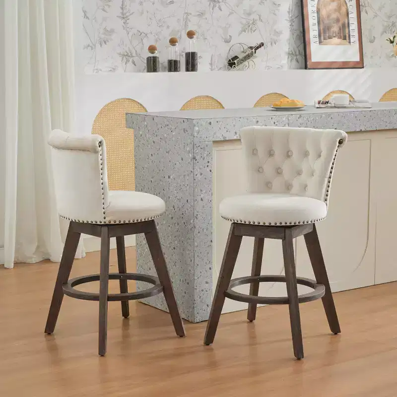 Okak 26 Inch Counter Stools Set of 2 with 360Swivel, Upholstered Velvet Bar Stools with Tufted Back and Wood Legs for Kitchen Island, Home Bar
