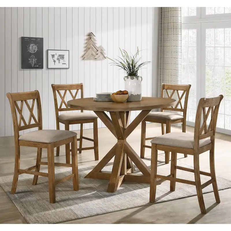 Wooden Round Dining Table and Chair Sets Rustic Farmhouse Dining Table and Chair Sets with Crossbuck Pedestal Table Base
