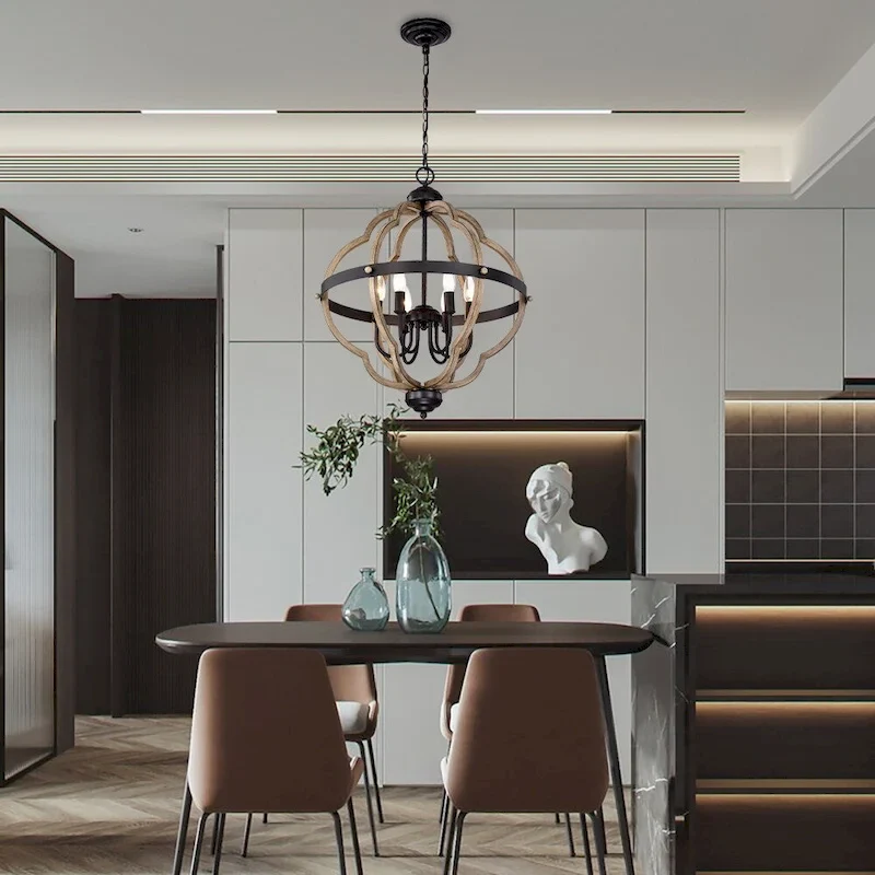 6-Light Brown/Black Round Iron Ceiling Lamp Chandelier with Brown Ringed