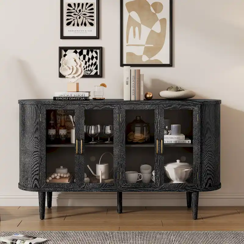 Farmhouse Sideboard Cabinet with Glass Doors & Adjustable Shelves