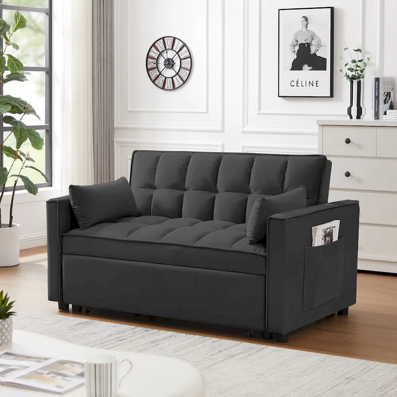 Black 55.2  Velvet Pull-Out Sofa Bed with Toss Pillows and Pockets
