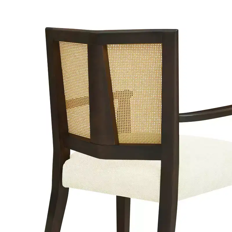 Beige/Dark Brown Upholstered Dining Arm Chairs with Rattan Back, Set of 2