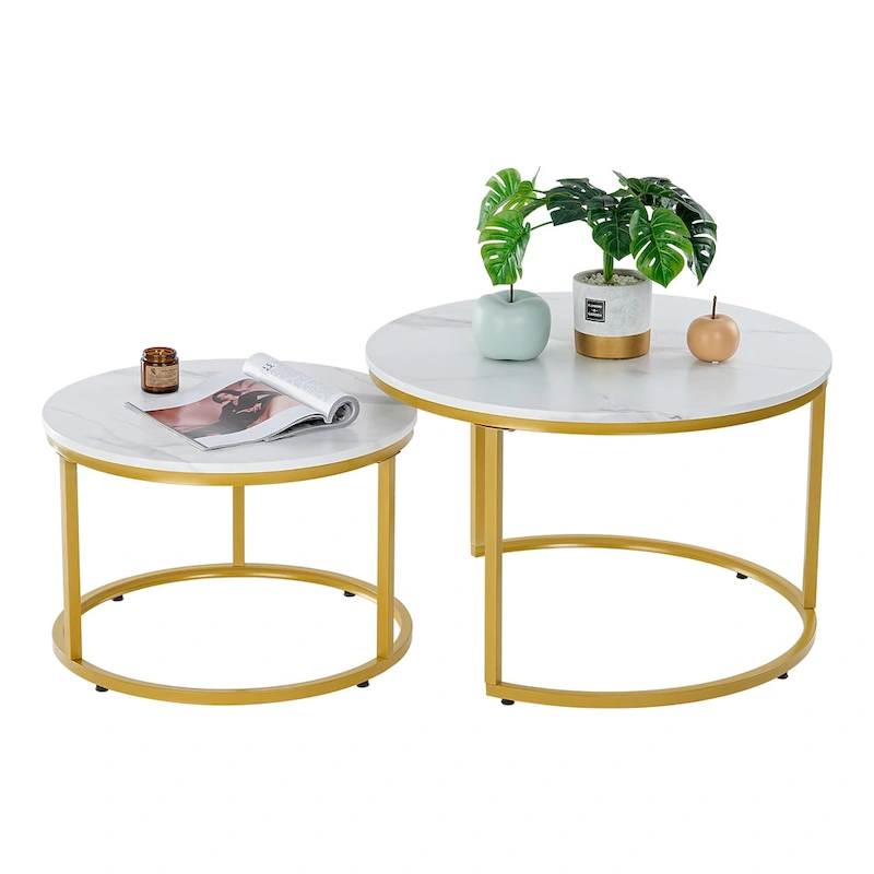 Modern Nugzar Coffee Table Round Metal Nesting Frame in Golden Style Set of 2