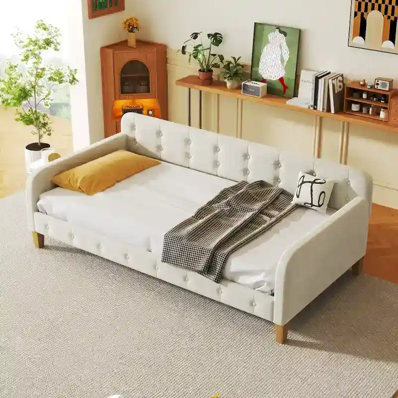 Upholstered Daybed w4 Support Legs, Button Tufting Loveseat Sofa Bed