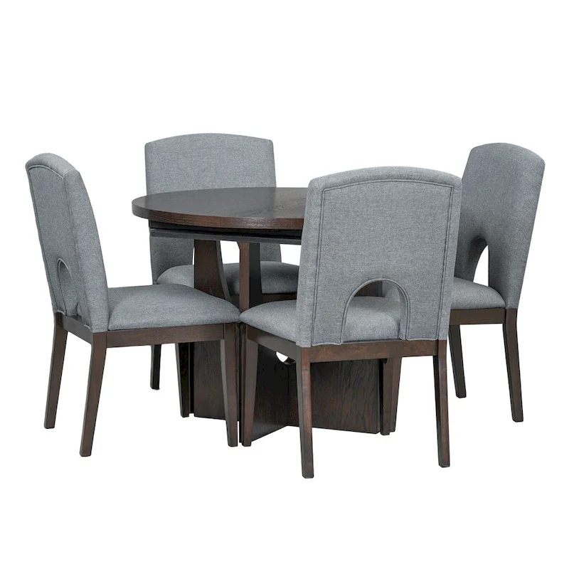 5-Piece Round Extendable Dining Table Set with Upholstered Chairs