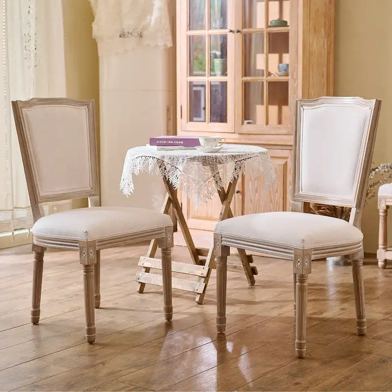 Set of 2 French Side Chairs with Carved Wood Legs & Linen Upholstery