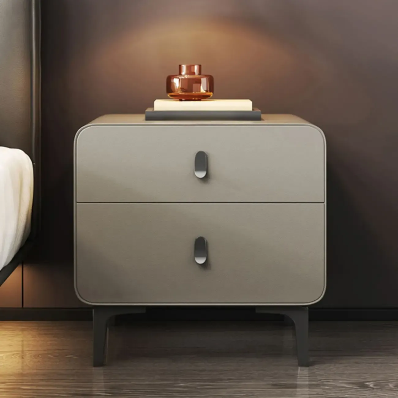 Freestanding Leather Arched Edge White Nightstand with Drawers