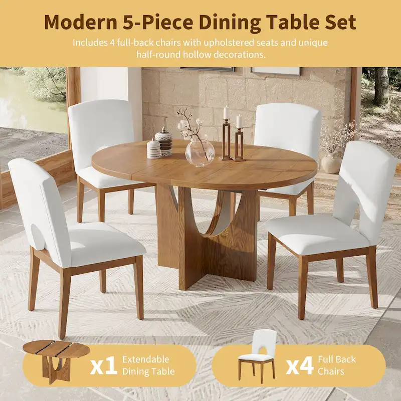 5-Piece Round Extendable Dining Table Set with Upholstered Chairs