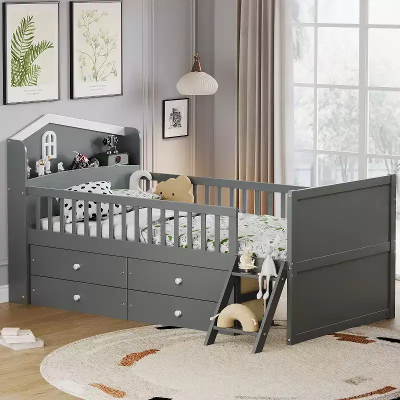 Gray Wood Twin Loft Bed with 4 Storage Drawers, 1-Person