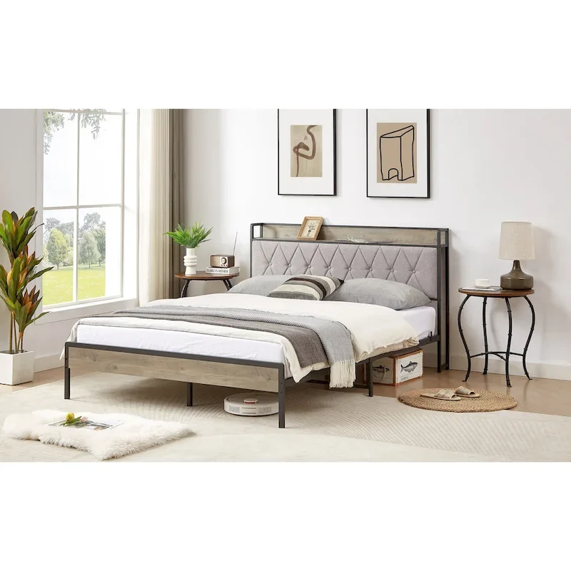 Grey & Queen Bed with Charging Station