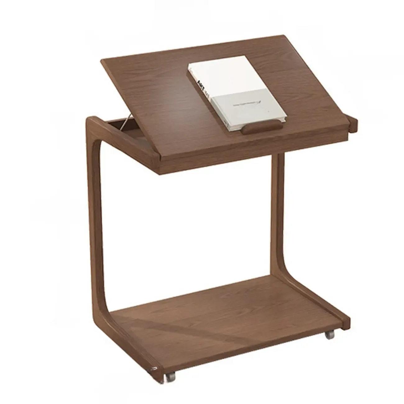 Adjustable Tabletop Wood C Shaped Side Table with Wheels