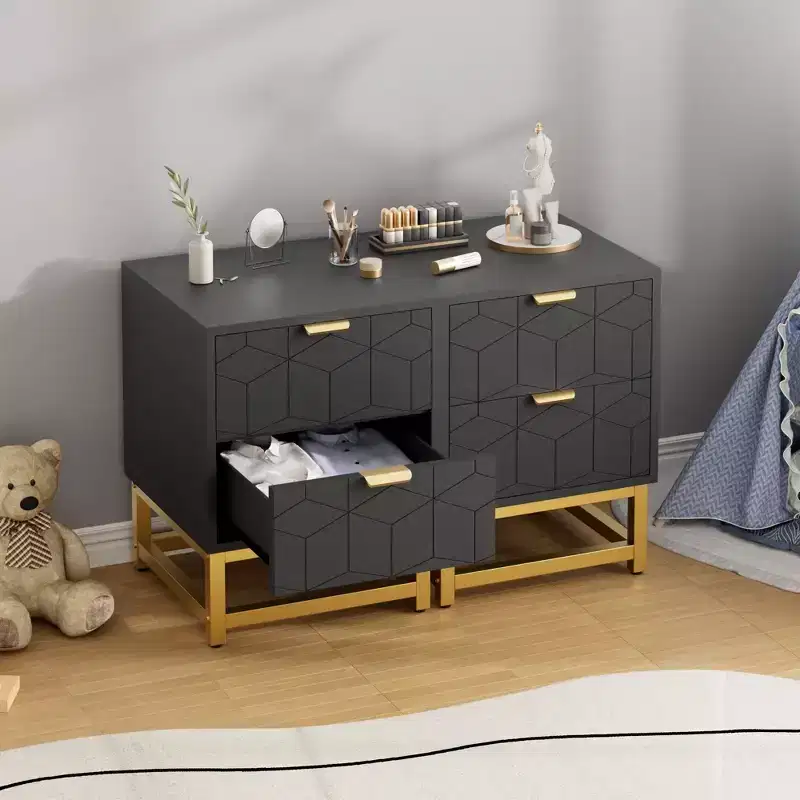 2-Drawer Dresser with Gold Legs & Handles, Black, Modern Carved Design