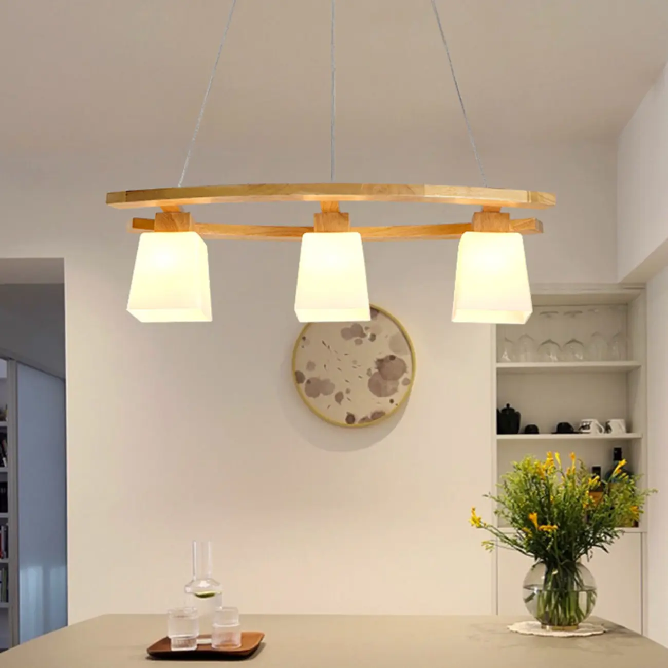 Modern 3-Light Wooden Glass Pendant Light Island Hanging