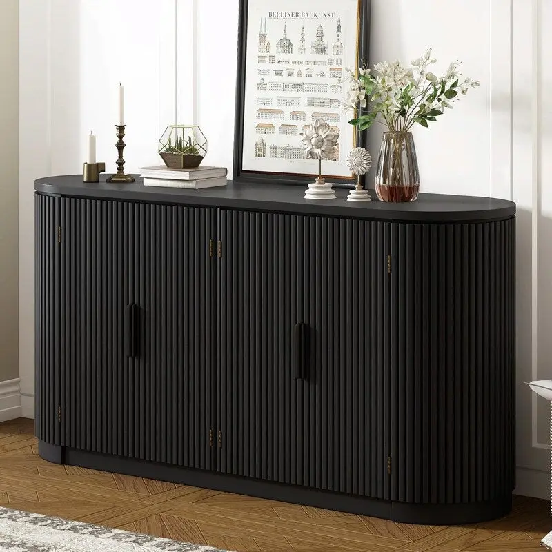 Vertical Striped Door Storage Cabinet with Metal Handles, Adjustable Shelves