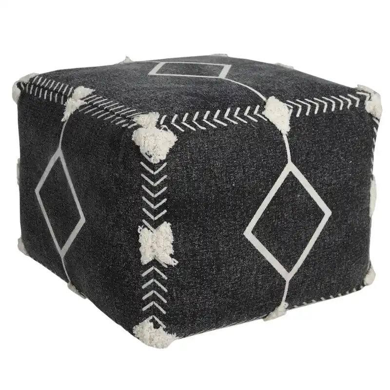 18 Black Cotton Geometric Pouf Ottoman for Living Room Seating and Footrest