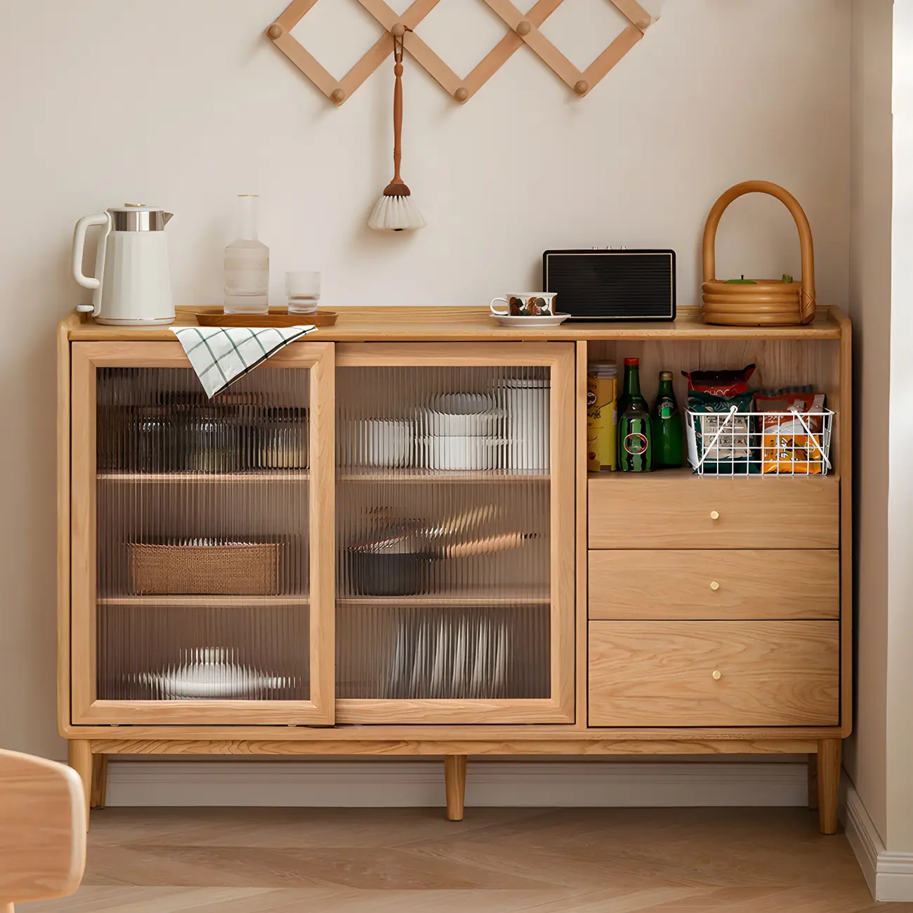 Adjustable Natural Wood Glass Sliding Door China Cabinet