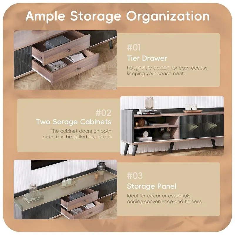 63 Inch Mid Century Modern TV Cabinet Dark Brown Black